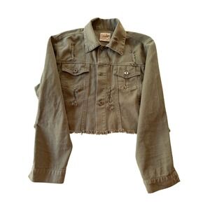 Love Tree Denim Cropped Jacket Large Olive Green Distressed Raw Hem 8682JS